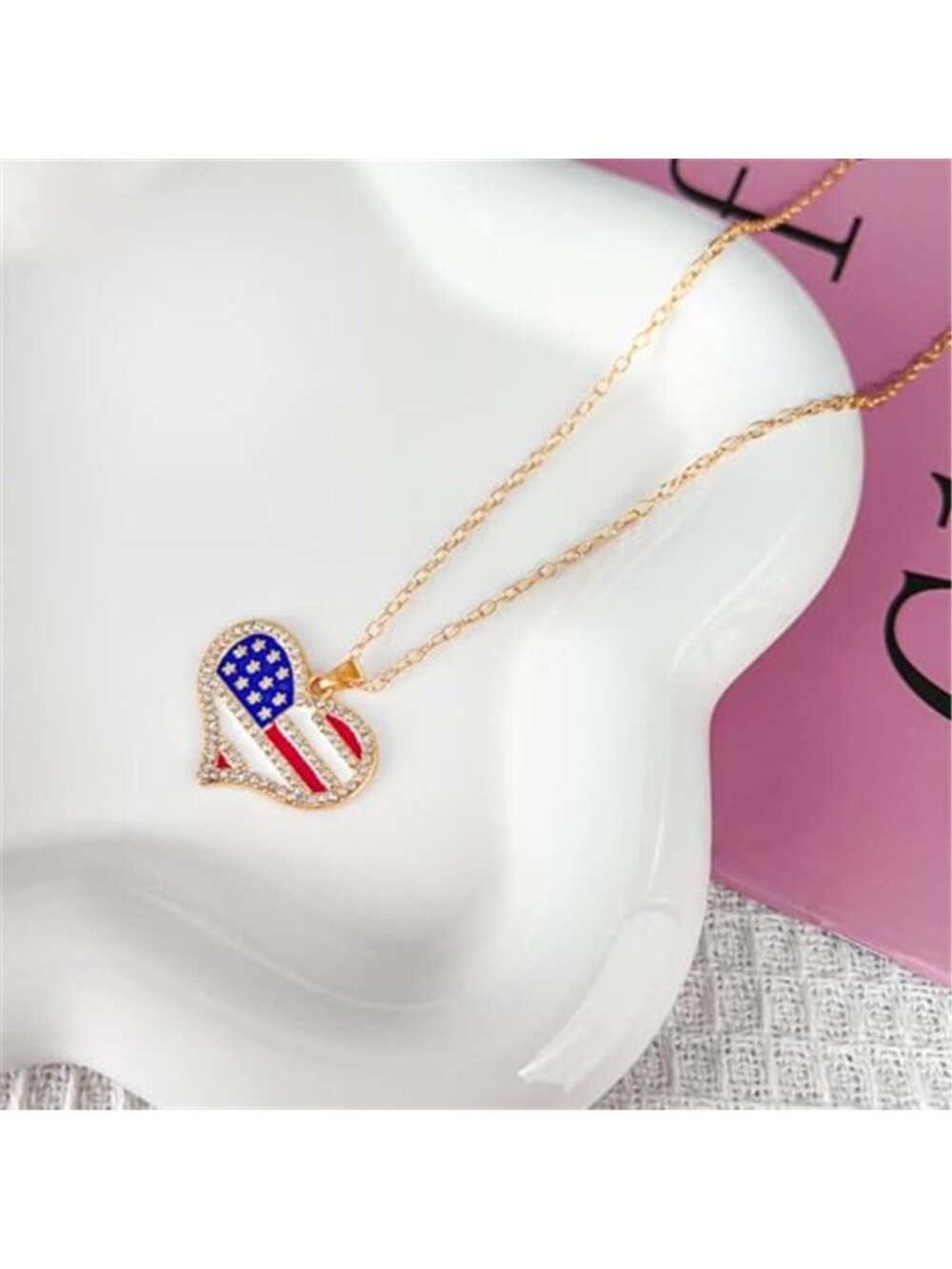 USA Patriotic Pendant Necklace 4th of July Red White Blue Zircon Charm Necklace - Picture 4 of 7